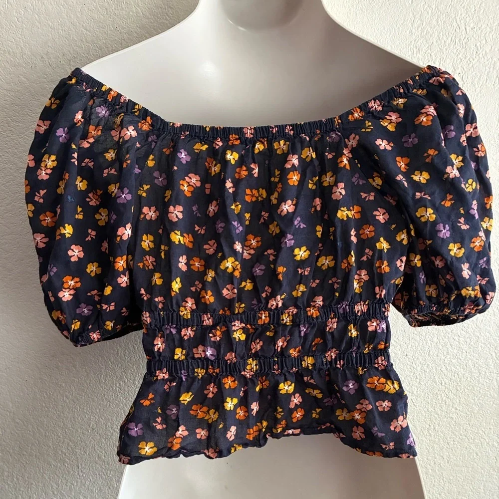 Madewell  Puff-Sleeve Square Neck Smocked-Waist in Aloha Floral Crop Top S